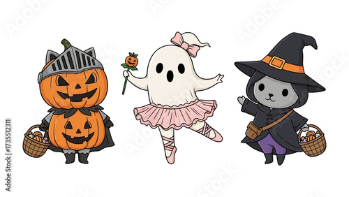 Halloween Characters Ensemble: A cheerful ensemble of three adorable Halloween characters in whimsical costumes, capturing the essence of festive fun and spooky delight.