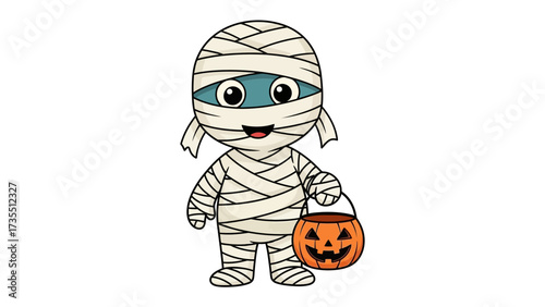 Spooky Mummy with Pumpkin: A cute cartoon mummy joyfully holding a carved pumpkin bucket, perfect for Halloween, on a plain background.