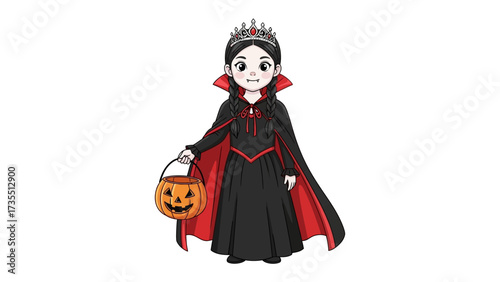 Halloween Queen: Adorned in a regal ensemble, a cartoon queen, holding a jack o' lantern. She radiates both elegance and enchantment, creating a visual of allure and joy. 