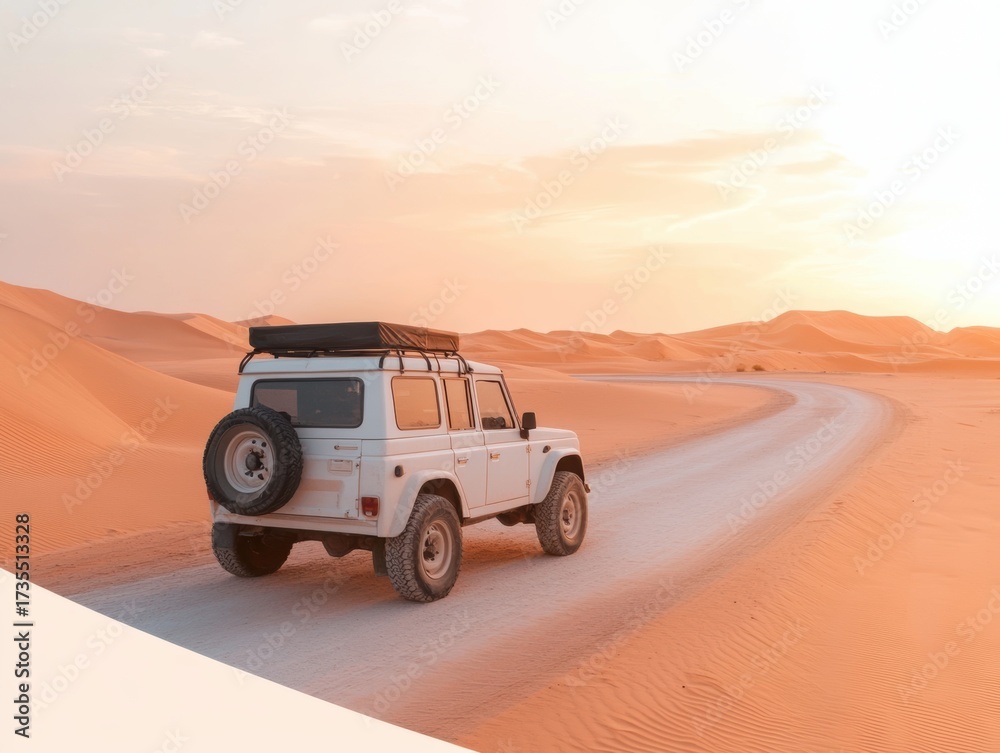 Fototapeta premium Exploring the vast desert with a 4x4 vehicle during sunset on a sandy road