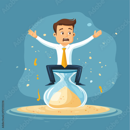 Crisis. Businessman drowned in quicksand hourglass. Time management. Flat vector illustration , vector style simple color