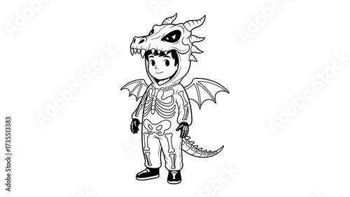 Young Adventurer's Dragon Disguise: A child in an intricately designed dragon skeleton costume, embodying the thrill of imagination and the essence of childhood.