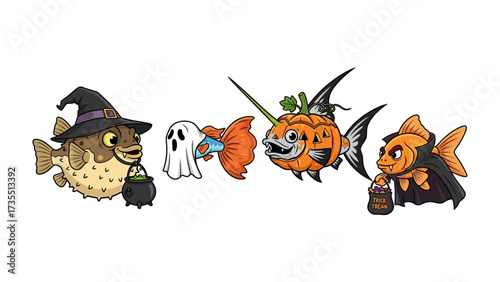 Spooky Aquarium: Halloween-themed cartoon illustrations featuring an array of aquatic characters in festive costumes. Capturing the fun and creative spirit of All Hallows' Eve.