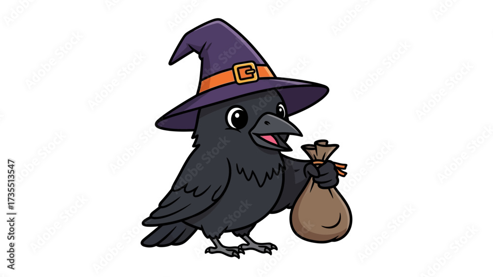 Fototapeta premium Raven with Witch Hat: A cartoon raven stands in a witch hat, clutching a bag in a vivid illustration of Halloween spirit and spooky character.
