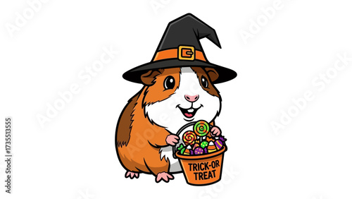 A Halloween Guinea Pig's Delight: A charming guinea pig, adorned in a pointed witch hat and clutching a Trick or Treat basket brimming with candy.