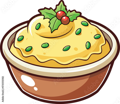 Festive pudding with holly and green sprinkles in a bowl