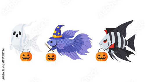 Halloween Fish Fantasy: Trio of fantastical fish dressed up for Halloween, with ghost, wizard, and vampire fish each proudly holding a pumpkin-shaped treat bucket. Capturing a playful, whimsical vibe