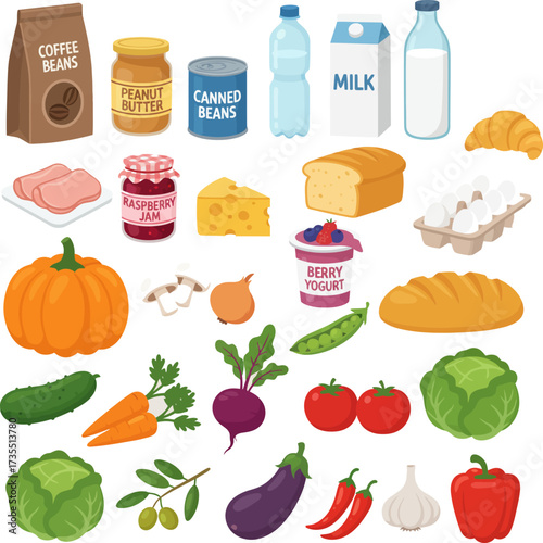 various groceries and food items. It includes produce like vegetables (pumpkin, carrots, cabbage, tomatoes) and fruit (olives, berries in yogurt), dairy (milk, cheese)