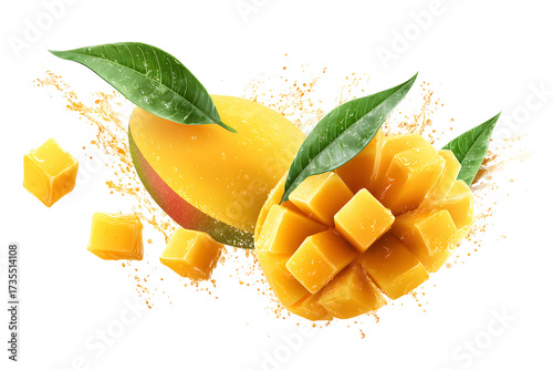Fresh ripe mango fruit cubes and halves with splash isolated on transparent background, tropical juicy summer fruit for healthy food, dessert, illustration

