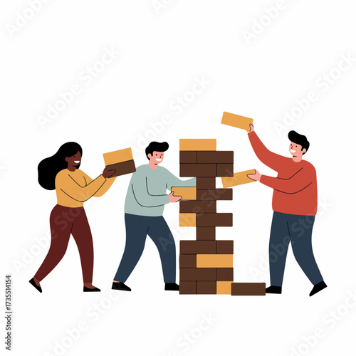 Flat Illustration Team Building Jenga Game with Diverse People and Blocks