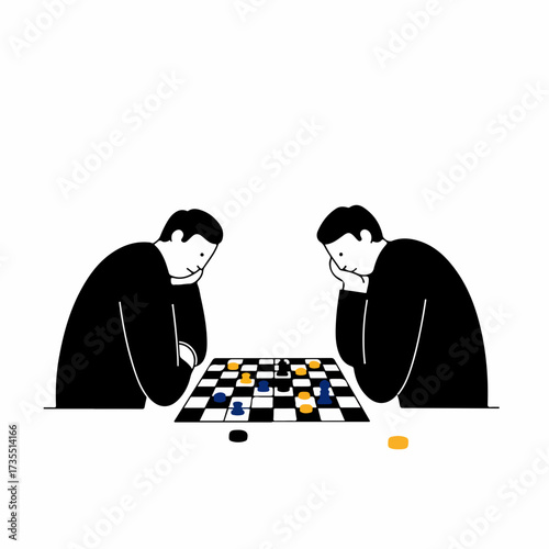 Minimalist Line Art Chess Game Two Men Thinking Strategy Illustration