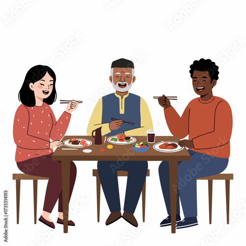 Colorful Flat Illustration of Diverse People Enjoying Meal Together at Table