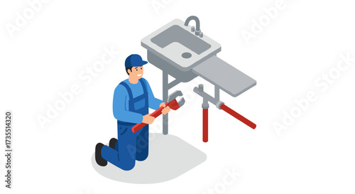 Smiling plumber in blue overalls repairs kitchen sink with wrench in isometric style