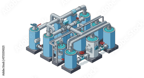 Industrial water treatment system in detailed isometric style