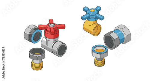 Colorful isometric pipe fittings and valves for plumbing projects