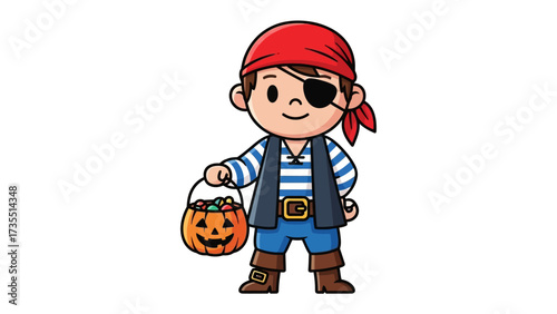 Child pirate Halloween costume: A cute cartoon child dressed as a pirate holding a pumpkin basket full of candy, perfect for Halloween.