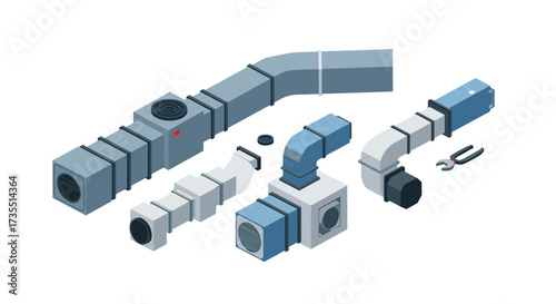 Isometric hvac duct system components with tools on white background