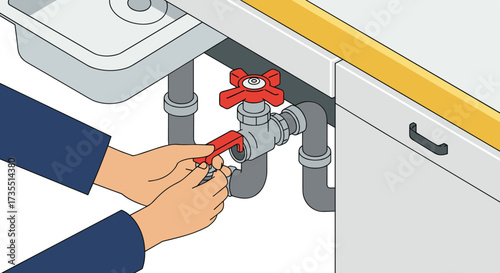 Fixing a kitchen sink pipe with a wrench in isometric style