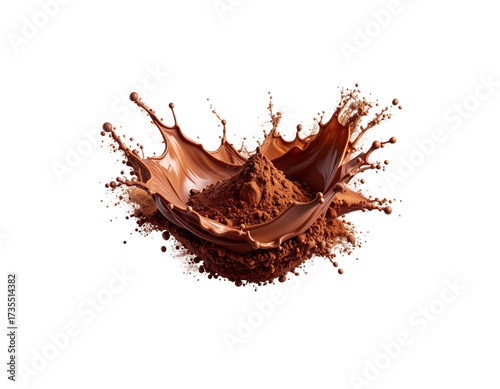 Brown chocolate bar broken and powder splattered isolated on white background