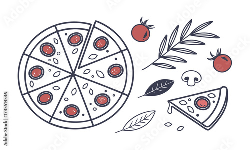 Margherita Pizza with Ingredients Flat Vector Illustration, Pizza Margherita with tomato, cheese mozzarella, basil and olives, easily editable.