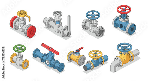 Isometric industrial valves set with colorful designs for engineering projects