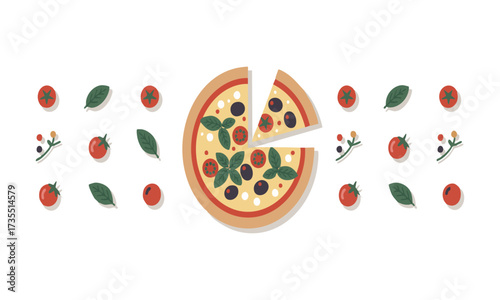 Margherita Pizza with Ingredients Flat Vector Illustration, Pizza Margherita with tomato, cheese mozzarella, basil and olives, easily editable.