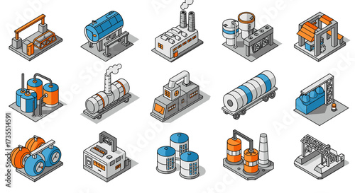 Industrial icon set showcasing isometric factory and engineering components