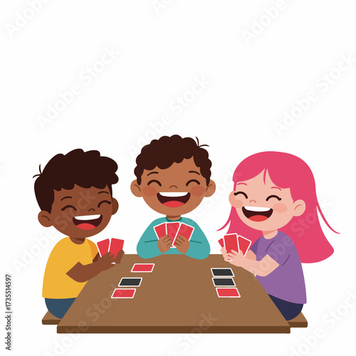 Cheerful Flat Illustration Kids Playing Card Together on Table