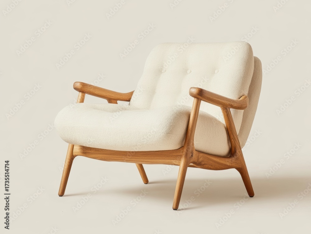 Fototapeta premium Cozy modern armchair with wooden legs and soft cushion in a neutral setting ideal for relaxation