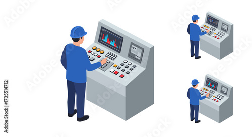 Industrial worker operating control panel with graphs and data display in isometric style