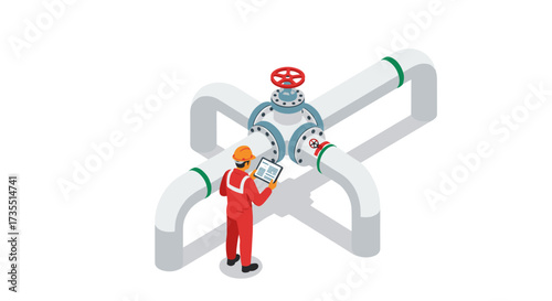 Engineer inspecting large industrial pipeline in isometric illustration