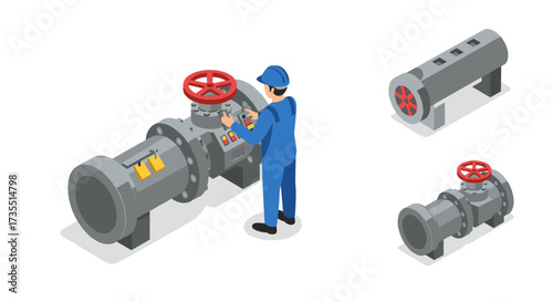 Isometric industrial worker operating pipeline valves and controls