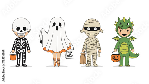 Costumed Halloween: An assortment of children's Halloween costumes ready to trick-or-treat with creative and artistic flair!