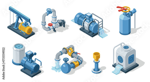 Isometric set of industrial pumps and pipes for modern engineering projects