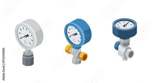 Isometric pressure gauge set with industrial valve and dial designs