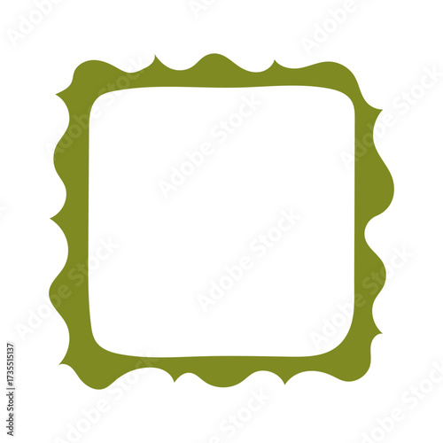 A single hand-drawn square frame with rounded wavy edges. Bold olive green decorative border in minimalist doodle style. Great for scrapbooking, invitations, cards, posters, photo albums, and crafts.
