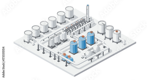 Isometric industrial plant layout with storage tanks and pipelines