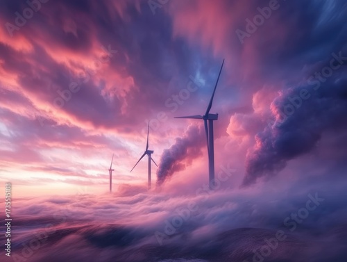 Wind turbines stand tall against a dramatic sky filled with clouds and vibrant colors at sunset