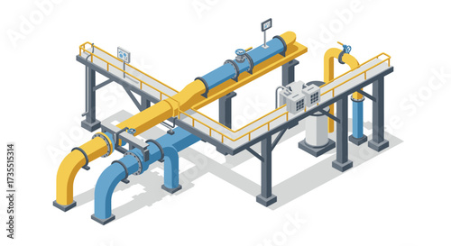 Industrial pipeline network in isometric design with blue and yellow tubes