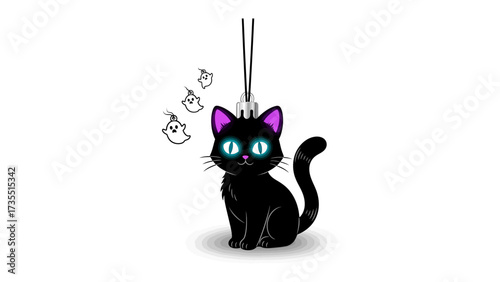 Mystical Black Cat Charm: A captivating illustration of a sleek black cat with mesmerizing turquoise eyes. Small floating ghostly figures add a spooky touch.