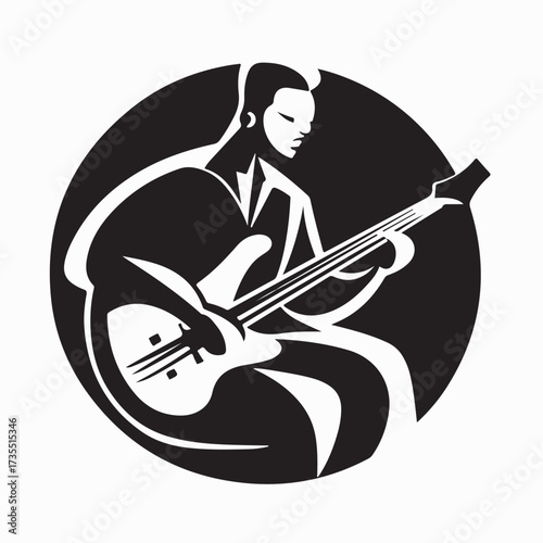 Silhouette of man playing on electric bass guitar image on white background