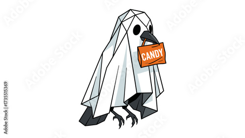 A Whimsical Halloween Encounter: A delightful polygon raven, adorned in a ghost costume, clutching a vibrant candy bag, invites viewers into a charming world.