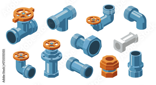 Isometric industrial pipe fittings collection with valves and connectors