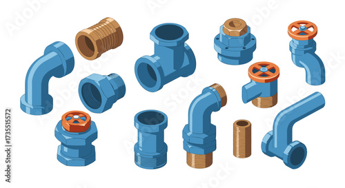 Collection of isometric plumbing pipes and fittings in blue and brass
