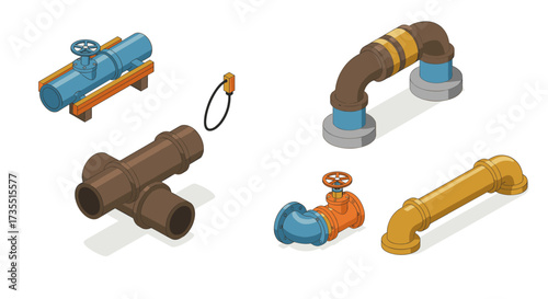 Isometric industrial pipes and valves set for construction and engineering projects