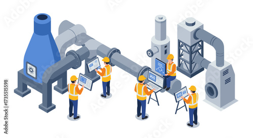 Industrial automation team managing machinery in isometric illustration