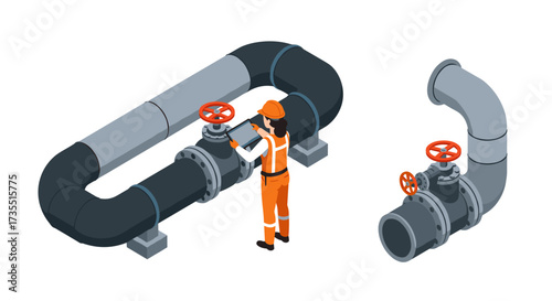 Isometric engineer inspecting pipelines with valves in industrial setting