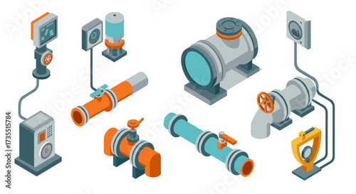 Industrial pipeline system in isometric design with valves and meters