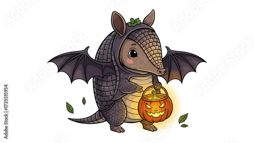 Halloween Armadillo with Pumpkin Lantern: A charming illustration of an armadillo in a bat costume, holding a glowing pumpkin lantern, is captured.