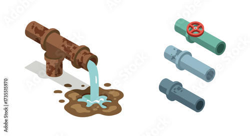 Isometric design of industrial pipes with water leak and repair options